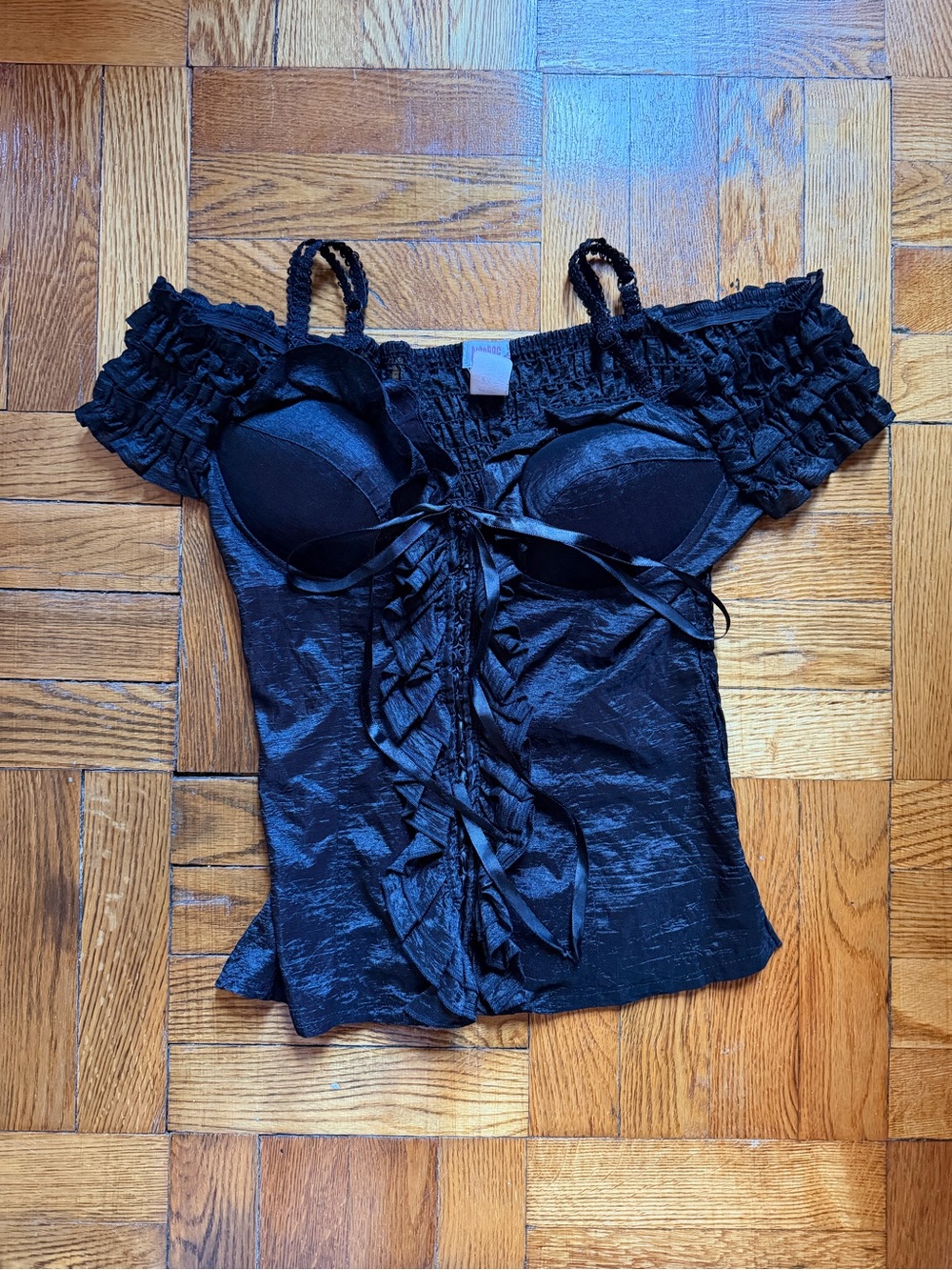Vintage Y2K Black Off-Shoulder Ruffle Bustier Camisole Sexy Goth Club Top